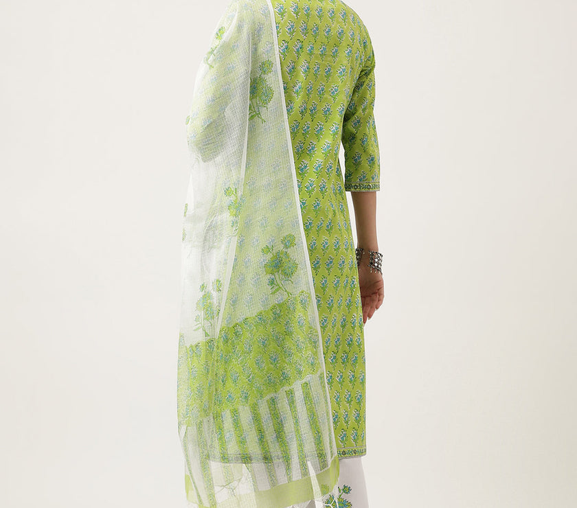 Divena Green Handblock Floral Printed Kurta Trouser & Kota Doria Dupatta Set