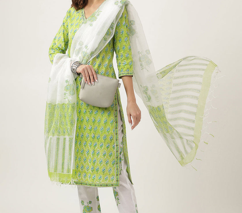 Divena Green Handblock Floral Printed Kurta Trouser & Kota Doria Dupatta Set