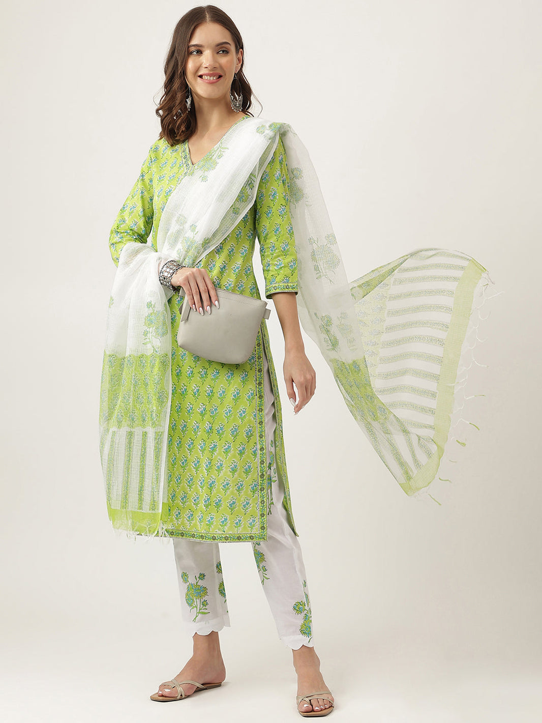 Divena Green Handblock Floral Printed Kurta Trouser & Kota Doria Dupatta Set