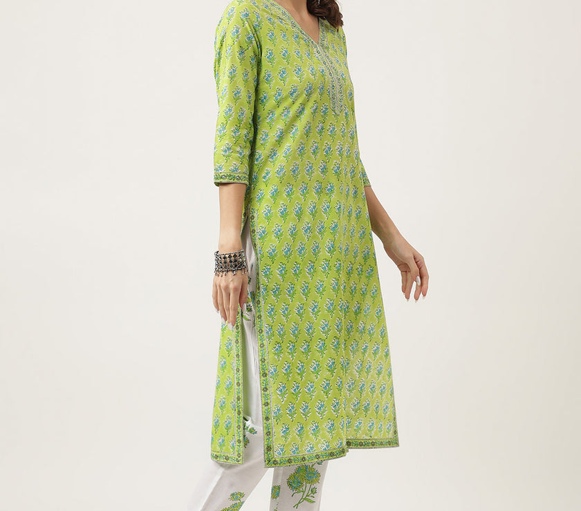 Divena Green Handblock Floral Printed Kurta Trouser & Kota Doria Dupatta Set