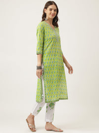 Divena Green Handblock Floral Printed Kurta Trouser & Kota Doria Dupatta Set