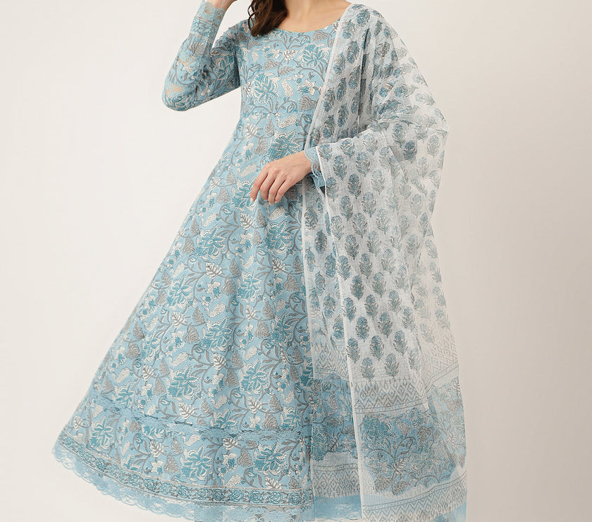 Divena Sky Blue Hand Block Floral Print Cotton Kurta, Trouser With Dupatta