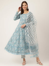 Divena Sky Blue Hand Block Floral Print Cotton Kurta, Trouser With Dupatta