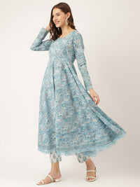 Divena Sky Blue Hand Block Floral Print Cotton Kurta, Trouser With Dupatta