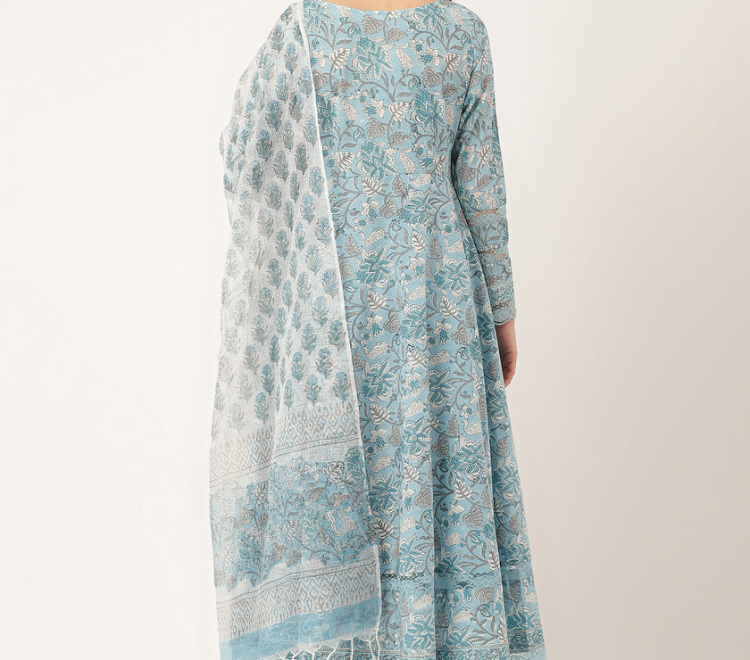 Divena Sky Blue Hand Block Floral Print Cotton Kurta, Trouser With Dupatta