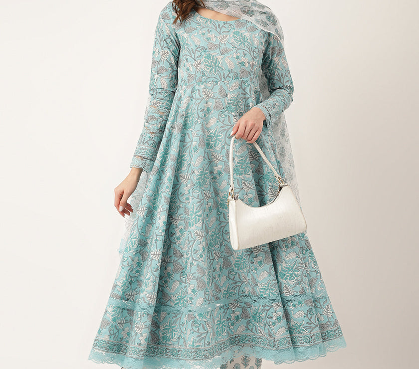 Divena Sky Blue Hand Block Floral Print Cotton Kurta, Trouser With Dupatta