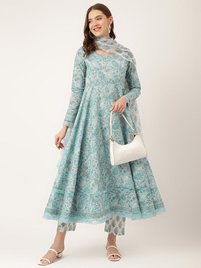 Divena Sky Blue Hand Block Floral Print Cotton Kurta, Trouser With Dupatta