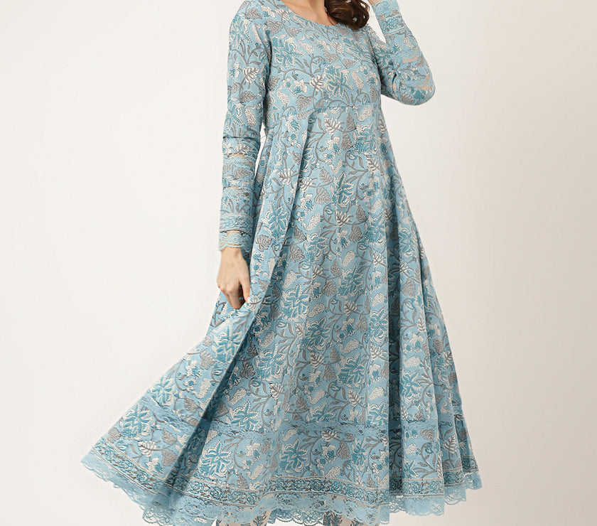 Divena Sky Blue Hand Block Floral Print Cotton Kurta, Trouser With Dupatta