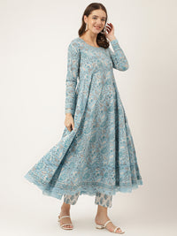 Divena Sky Blue Hand Block Floral Print Cotton Kurta, Trouser With Dupatta