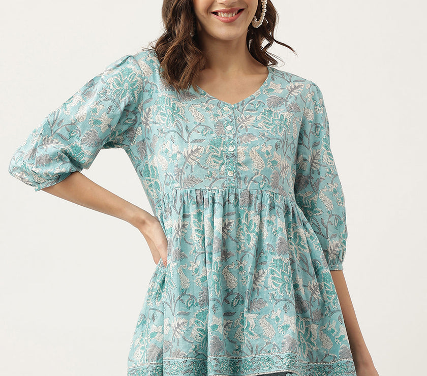 Divena Light Blue Floral Printed Cotton Peplum Fit Top