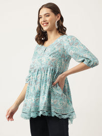 Divena Light Blue Floral Printed Cotton Peplum Fit Top