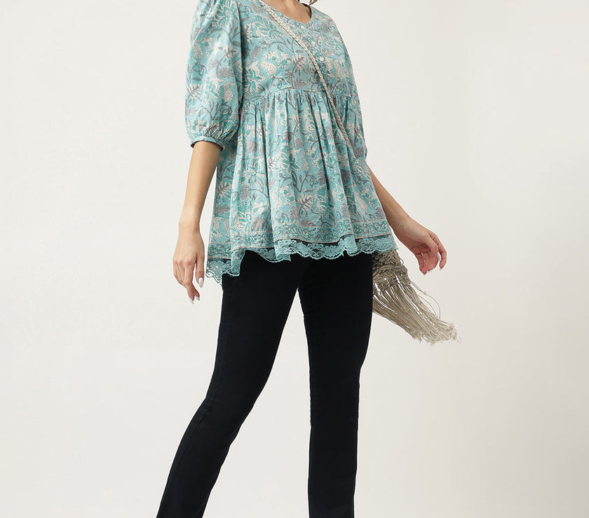 Divena Light Blue Floral Printed Cotton Peplum Fit Top