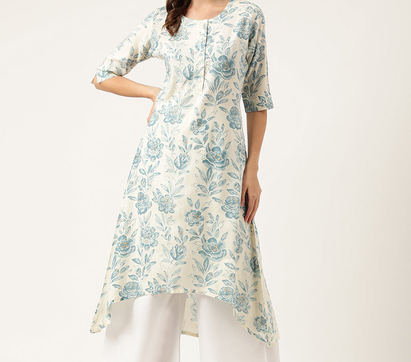 Divena Floral Print A-line Kurta with Asymetric Hemline