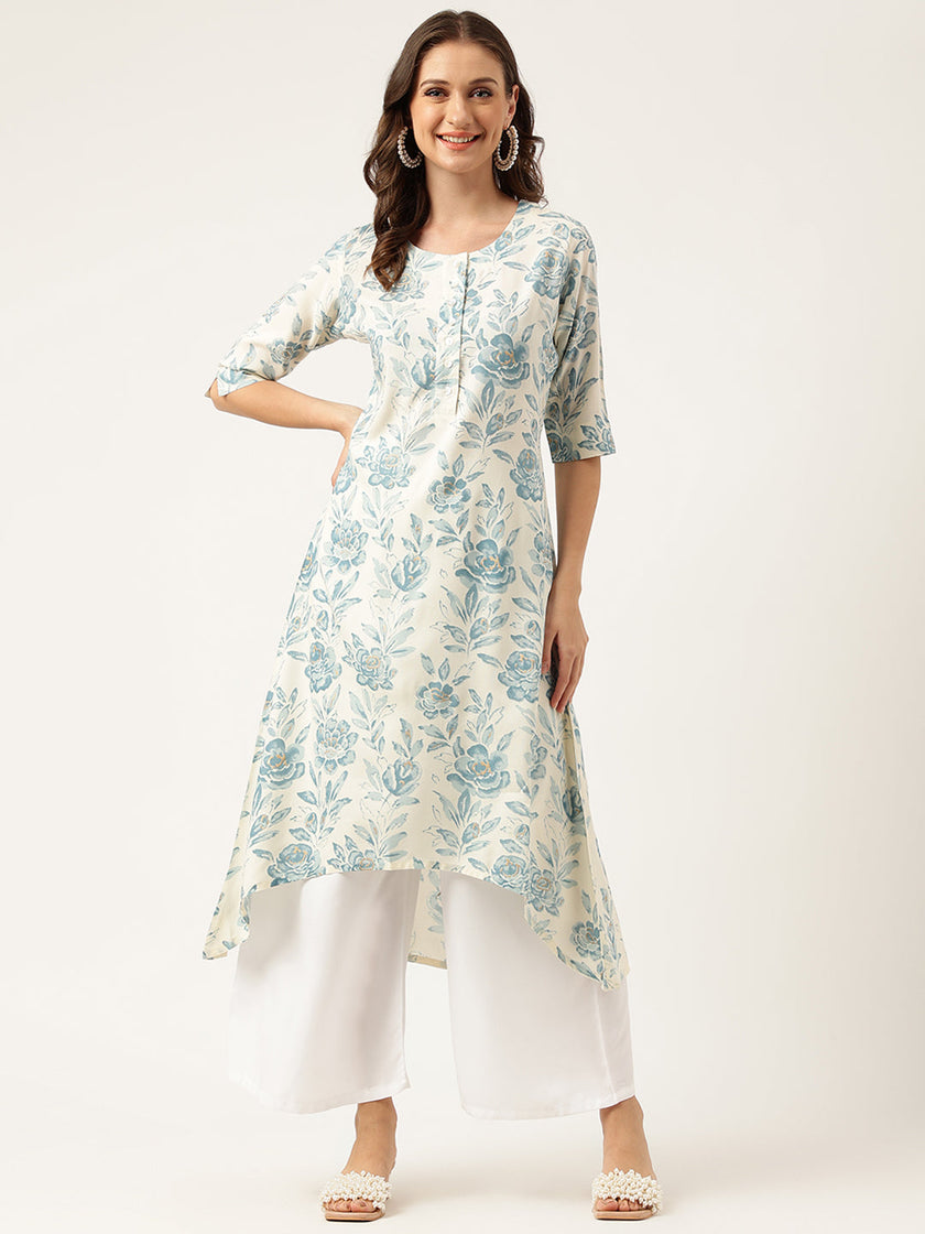 Divena Floral Print A-line Kurta with Asymetric Hemline