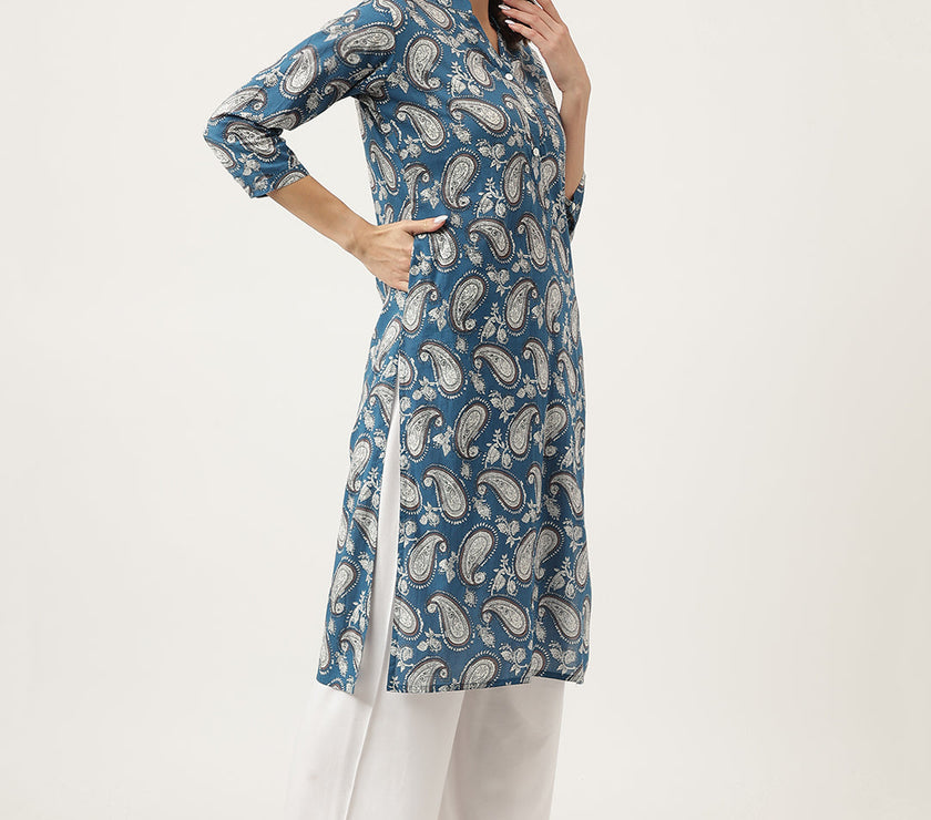 Divena Paisley Print Straight Fit Cotton Kurta