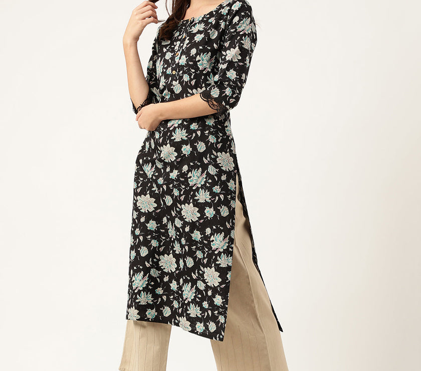 Divena Black Floral Print Straight Fit Cotton kurta