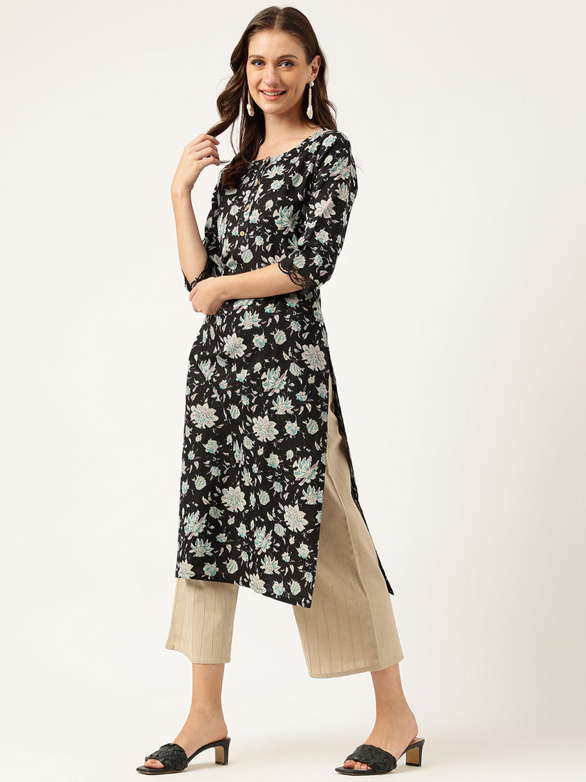 Divena Black Floral Print Straight Fit Cotton kurta