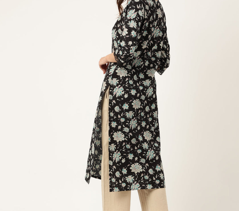 Divena Black Floral Print Straight Fit Cotton kurta