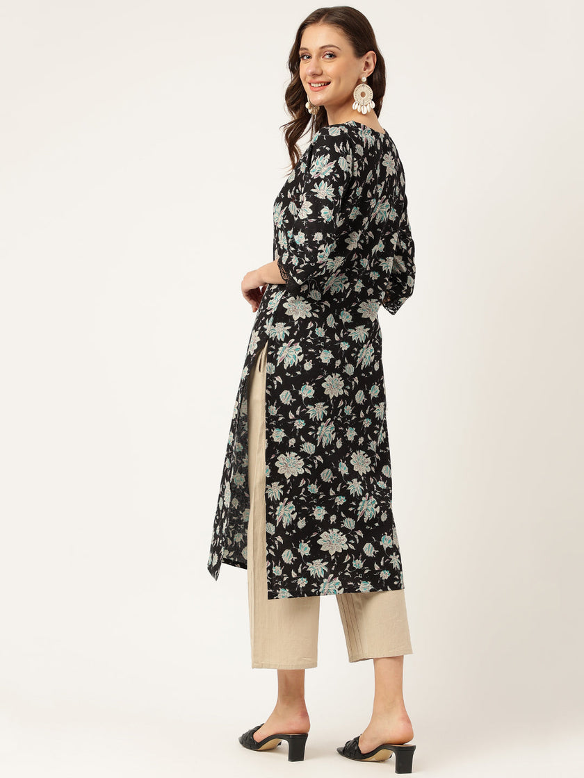 Divena Black Floral Print Straight Fit Cotton kurta