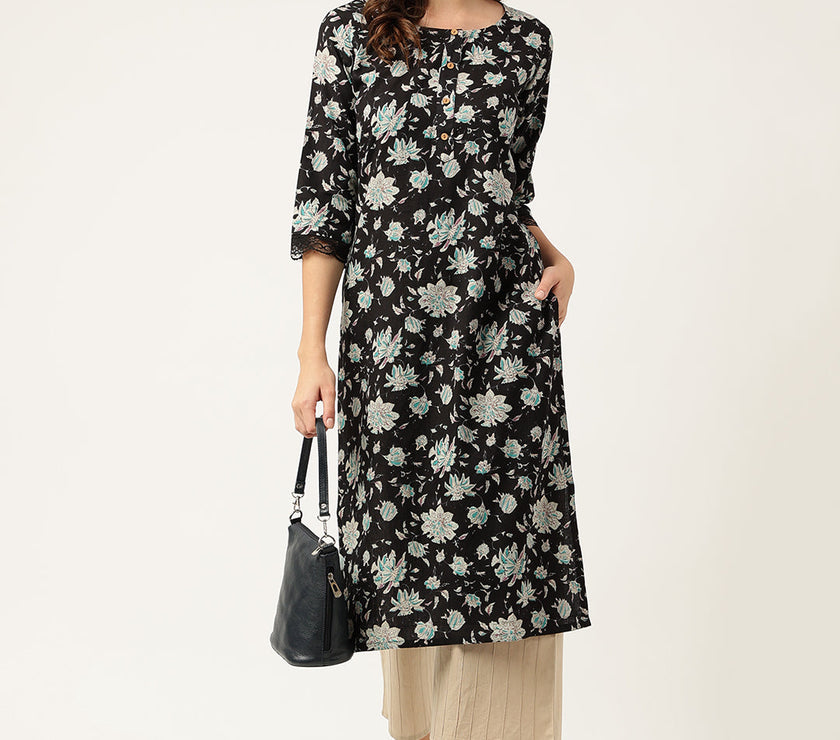 Divena Black Floral Print Straight Fit Cotton kurta