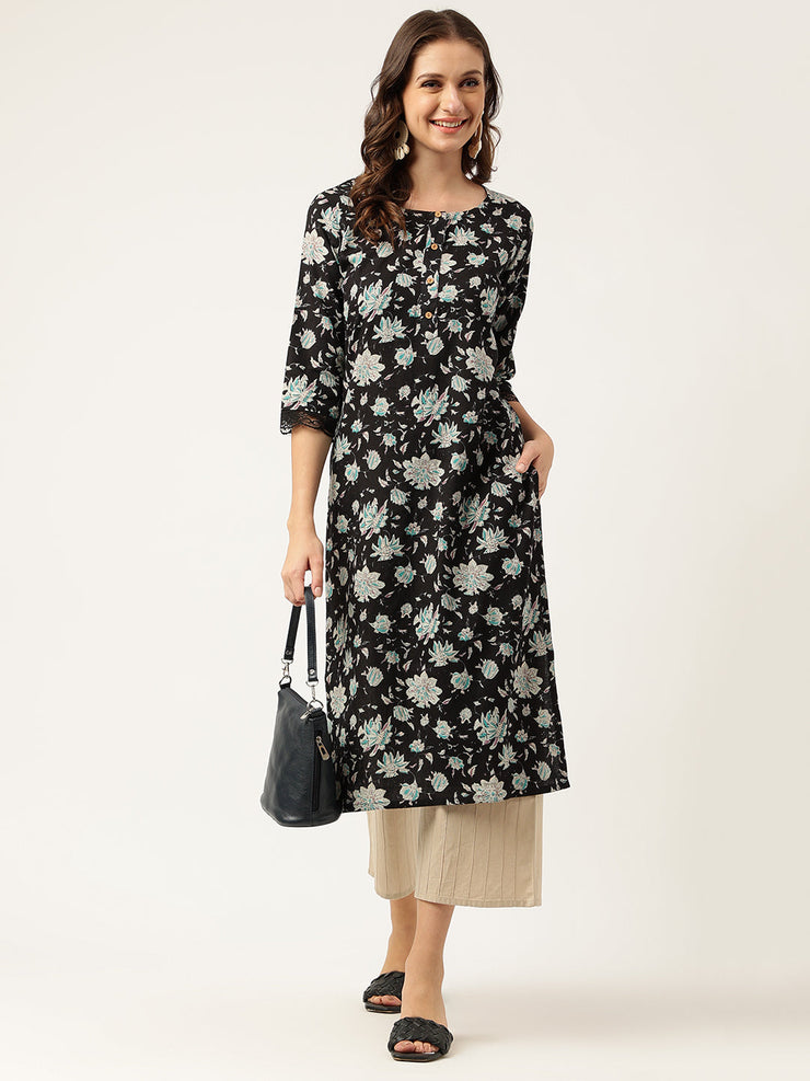 Divena Black Floral Print Straight Fit Cotton kurta