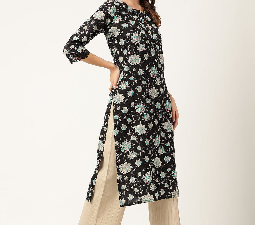 Divena Black Floral Print Straight Fit Cotton kurta