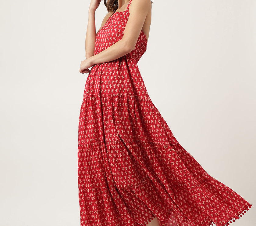 Divena Red Floral Printed Cotton Halter Neck Ethnic Tiered Dress