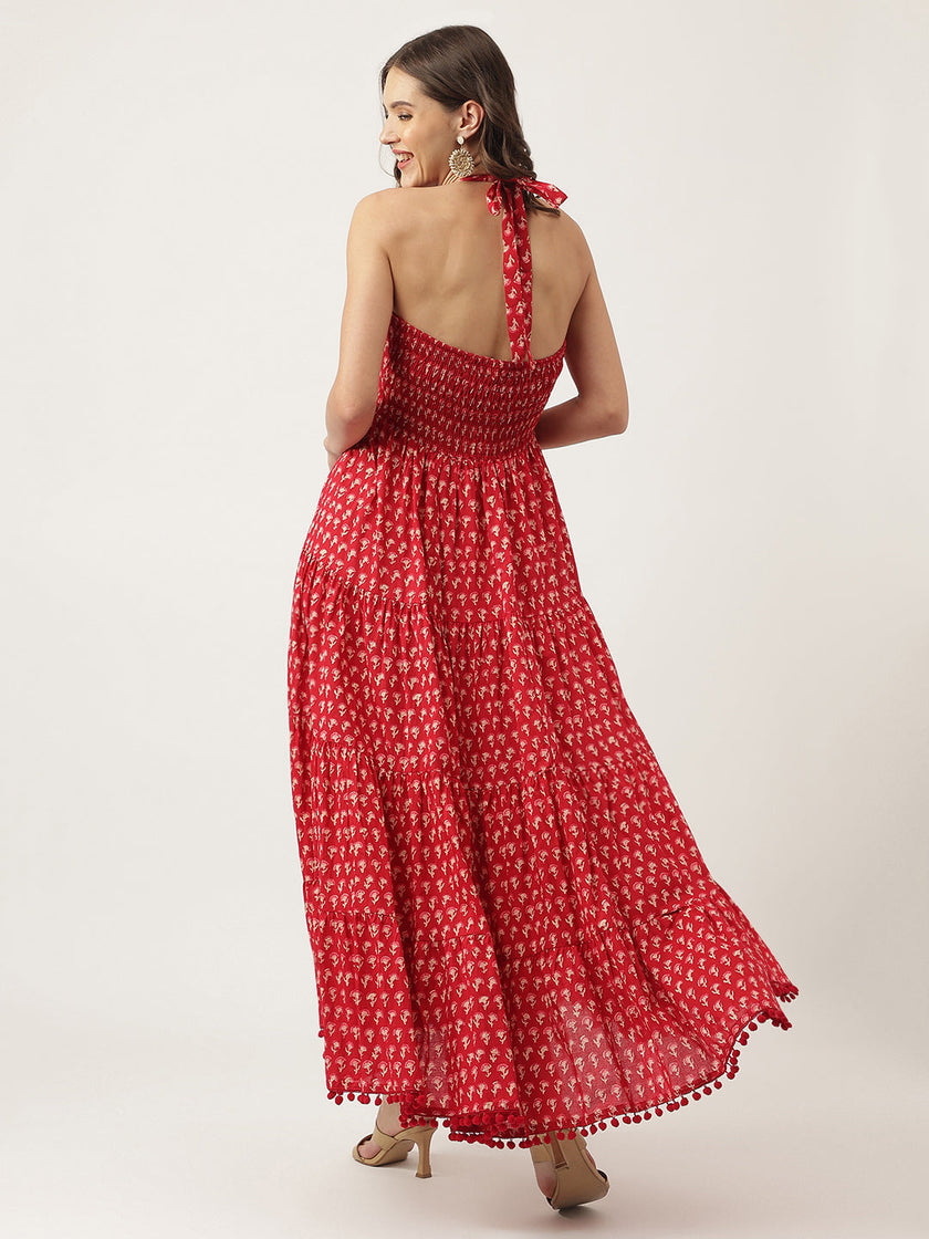 Divena Red Floral Printed Cotton Halter Neck Ethnic Tiered Dress