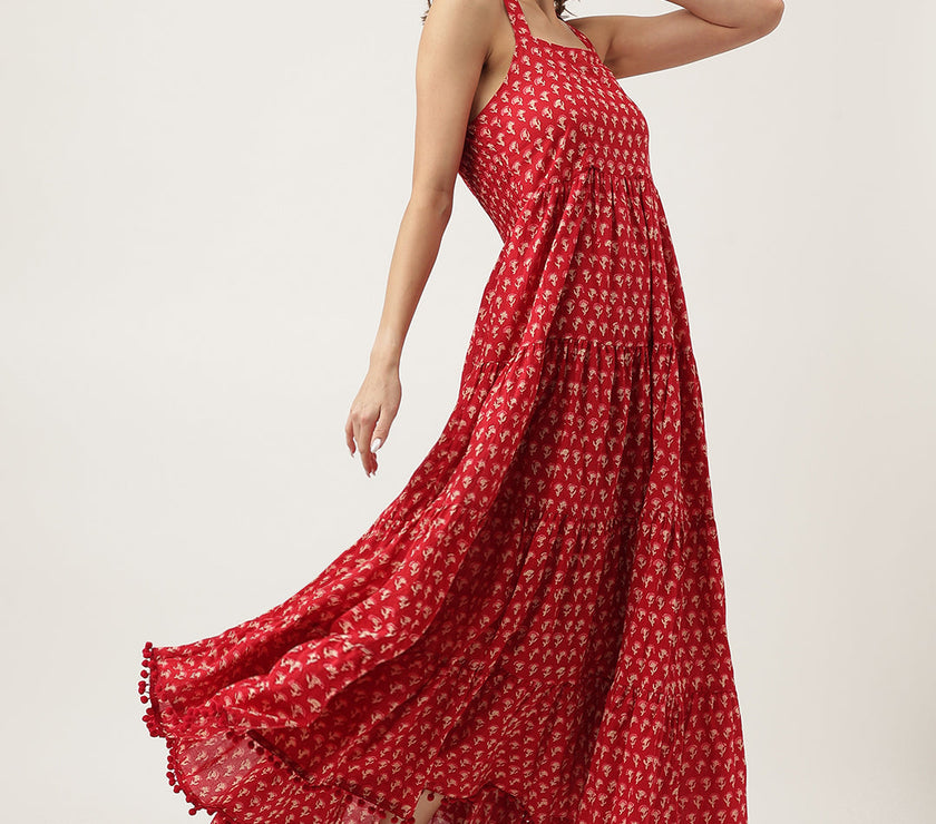 Divena Red Floral Printed Cotton Halter Neck Ethnic Tiered Dress