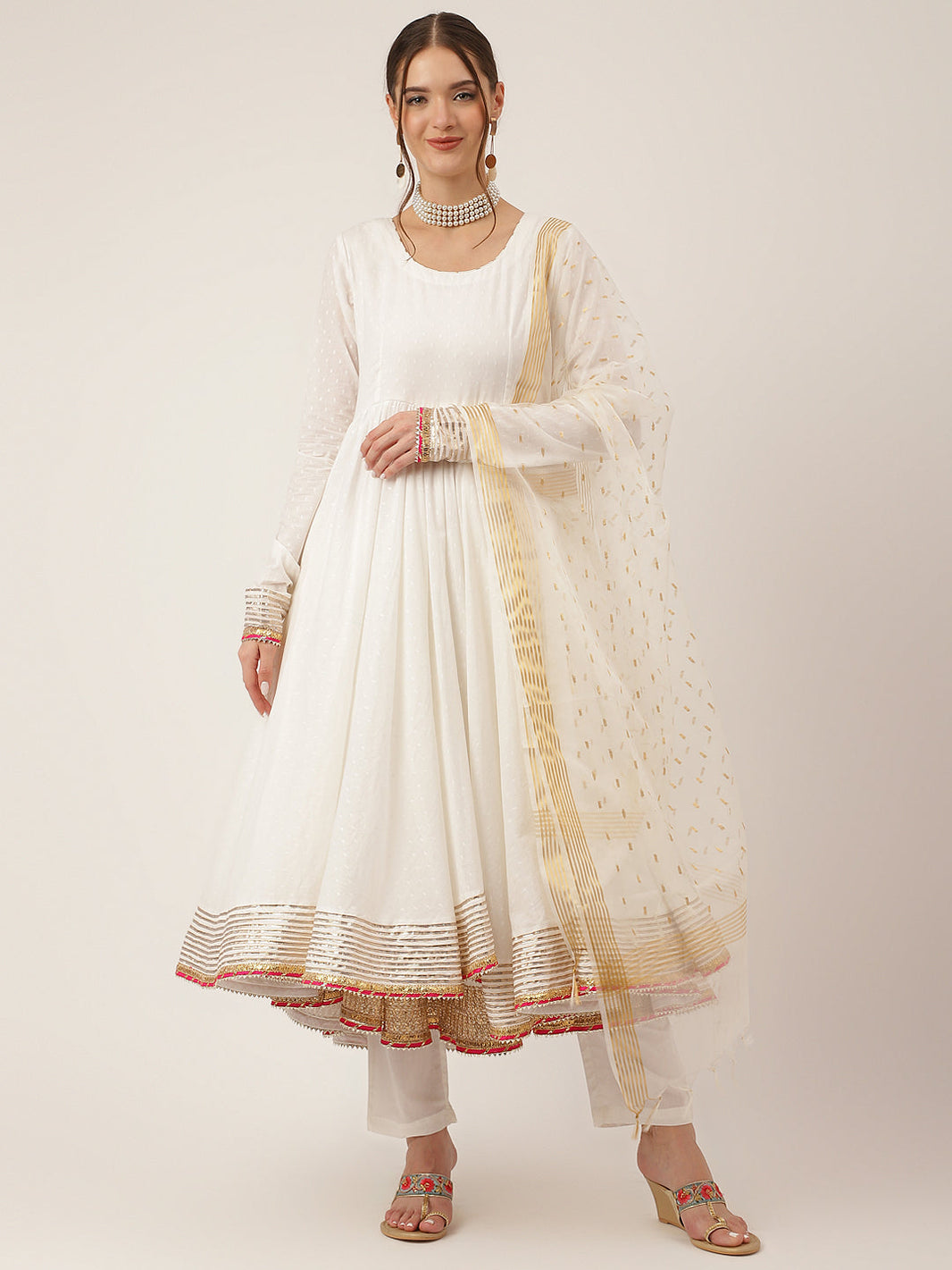 Off White Shree Ram Buta Cotton Layered Anarkali Kurta, Trouser With Dupatta