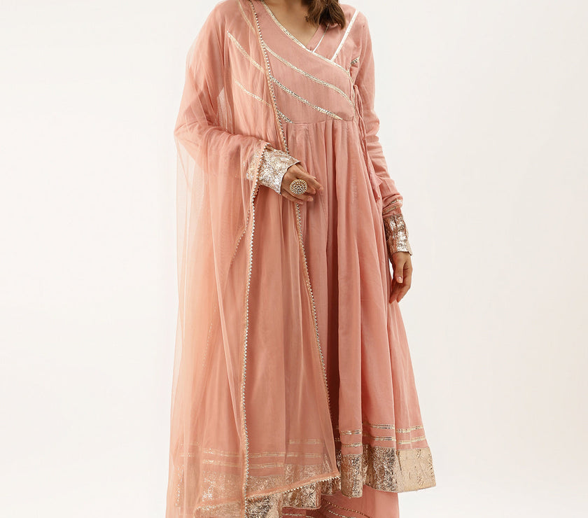 Divena Peach Solid Cotton Gota Work Kurta set with Dupatta