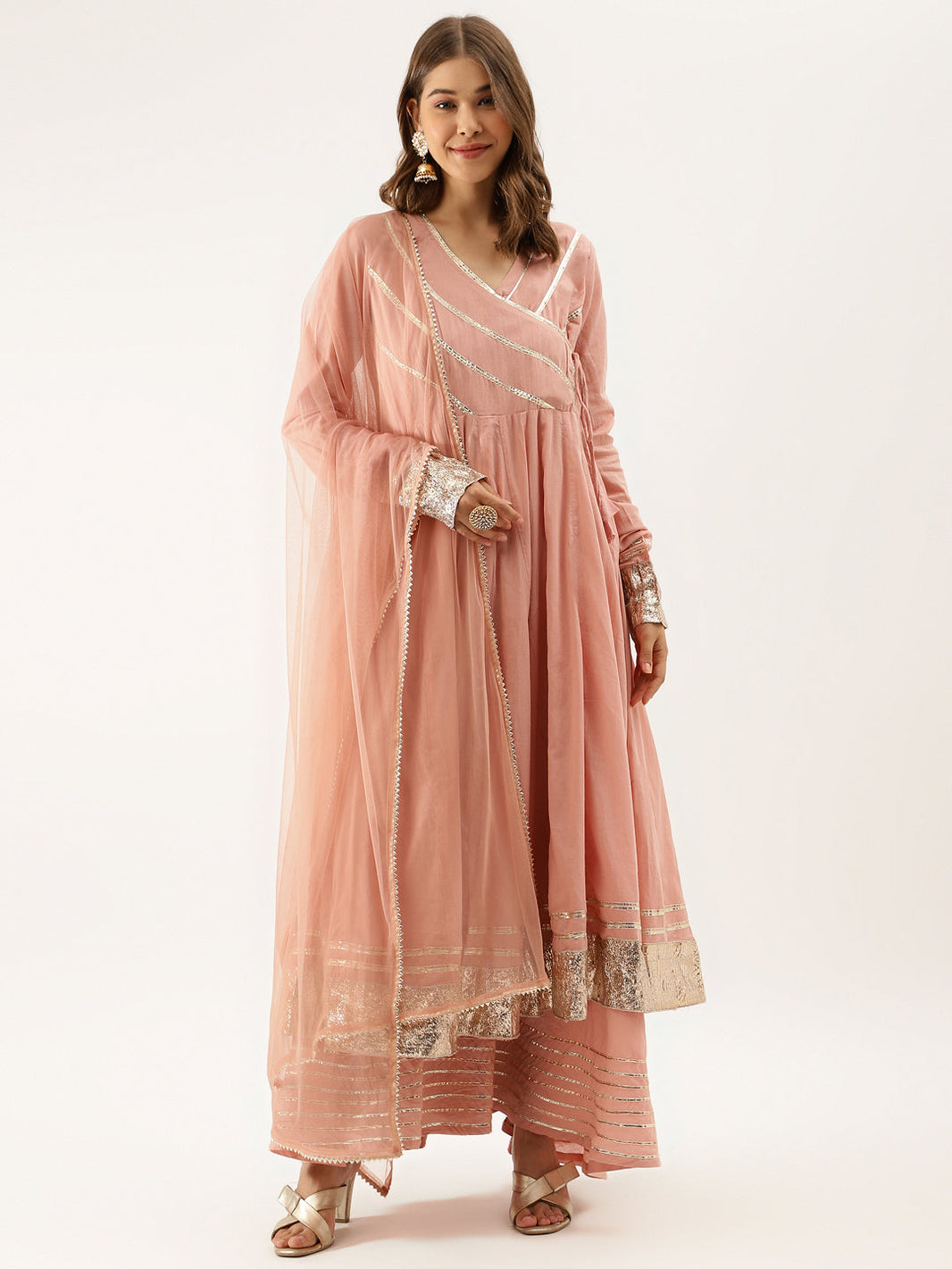 Divena Peach Solid Cotton Gota Work Kurta set with Dupatta