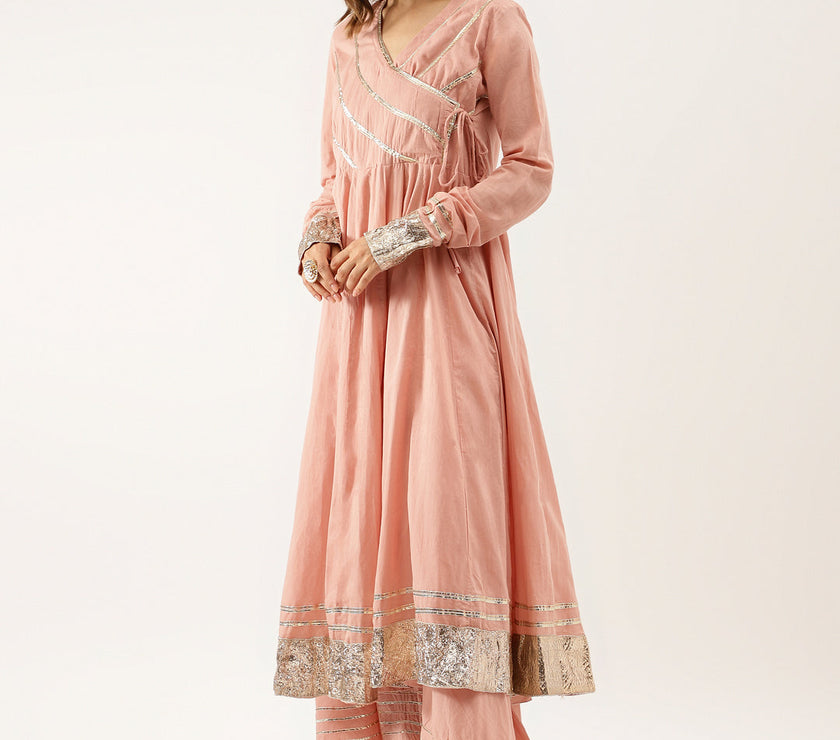 Divena Peach Solid Cotton Gota Work Kurta set with Dupatta