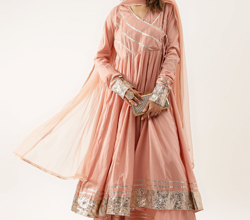 Divena Peach Solid Cotton Gota Work Kurta set with Dupatta