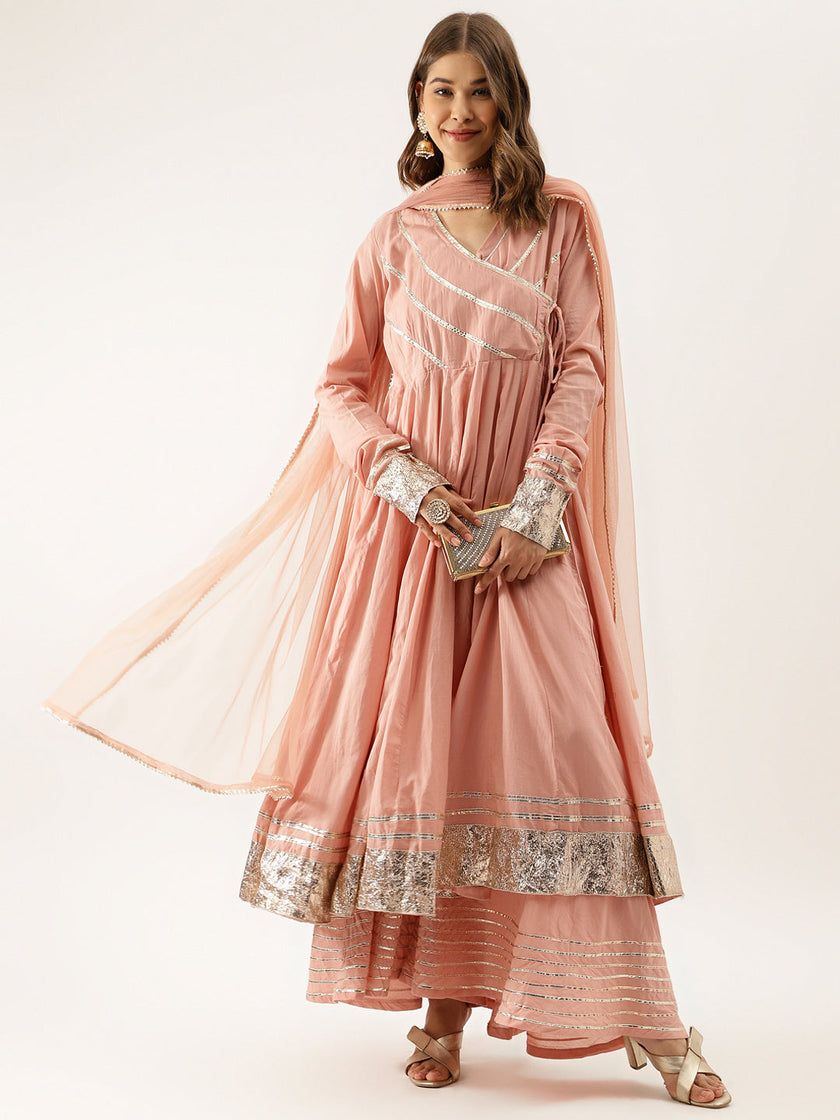 Divena Peach Solid Cotton Gota Work Kurta set with Dupatta