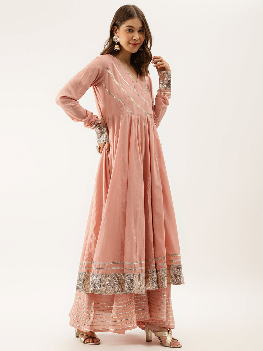 Divena Peach Solid Cotton Gota Work Kurta set with Dupatta