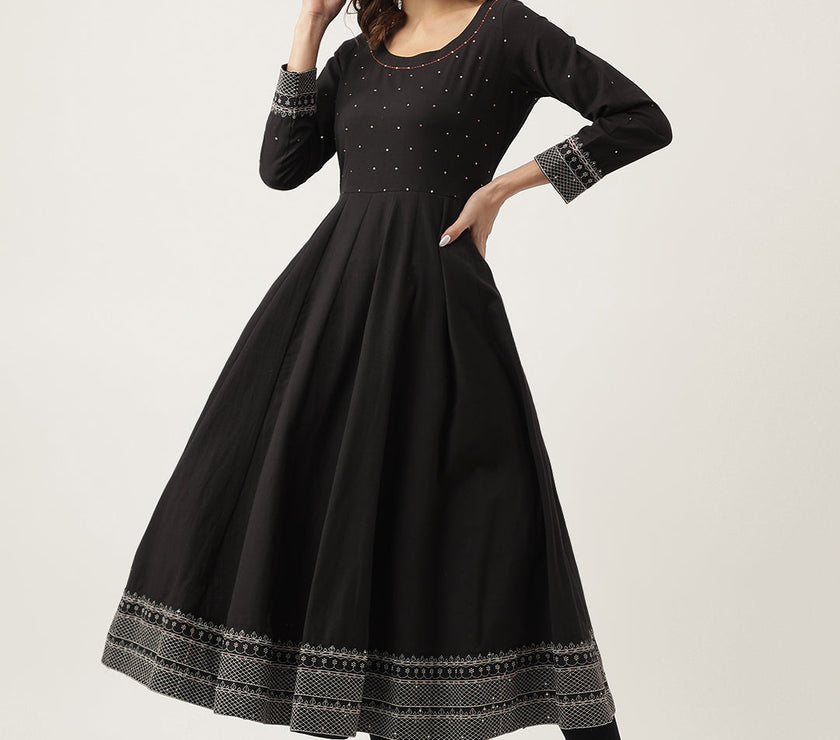 Divena Black Embroidered Cotton Anarkali Kurta