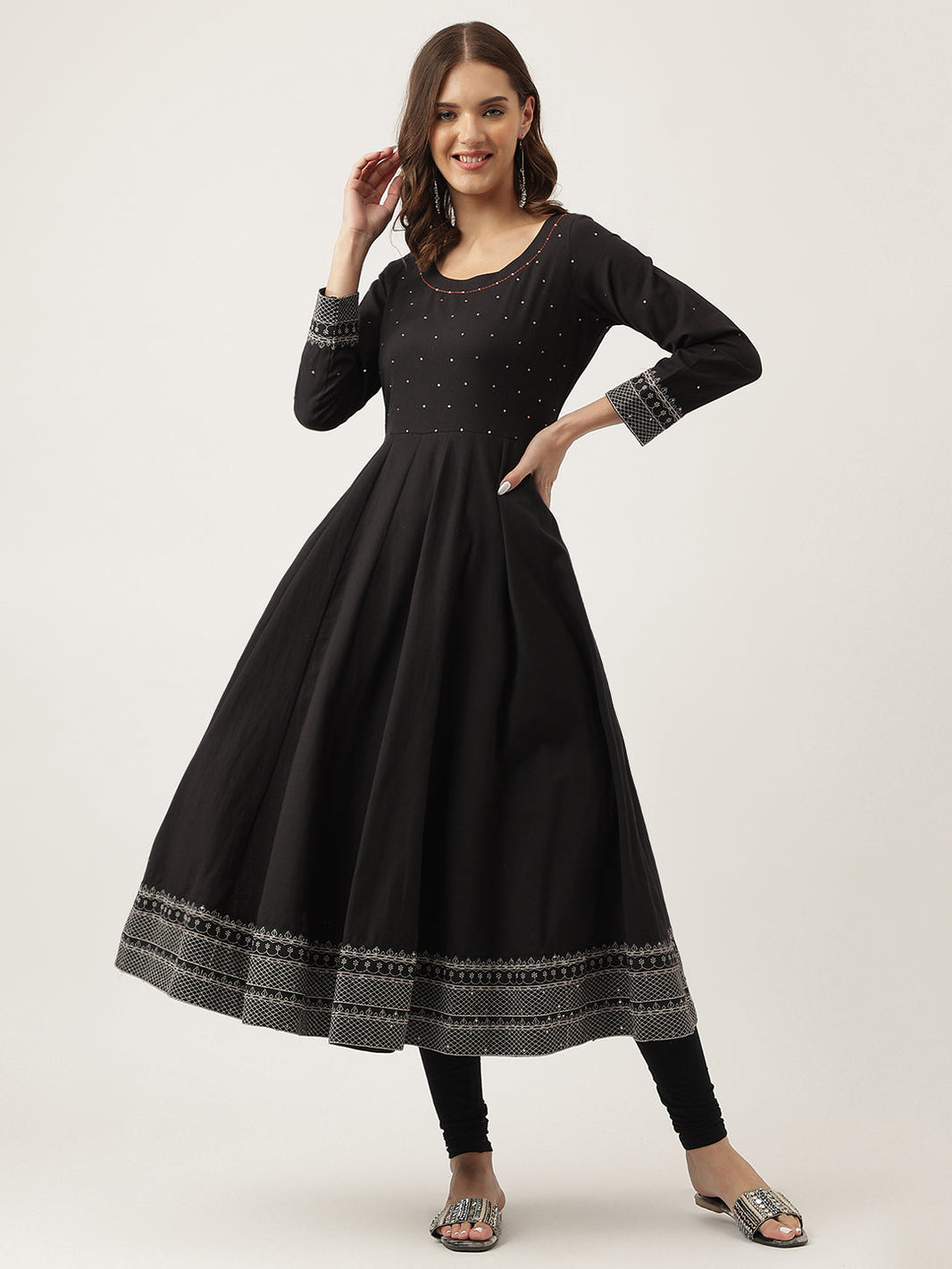 Divena Black Embroidered Cotton Anarkali Kurta