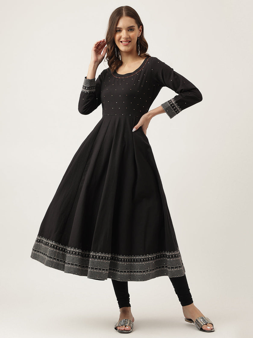 Divena Black Embroidered Cotton Anarkali Kurta