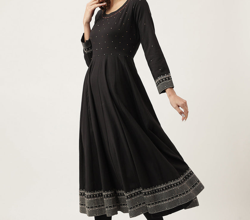 Divena Black Embroidered Cotton Anarkali Kurta