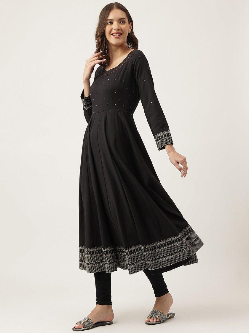 Divena Black Embroidered Cotton Anarkali Kurta