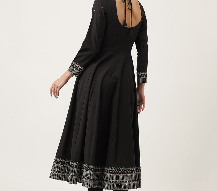 Divena Black Embroidered Cotton Anarkali Kurta