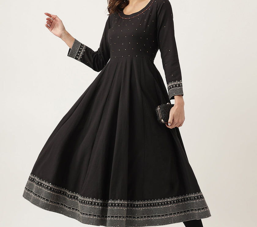 Divena Black Embroidered Cotton Anarkali Kurta