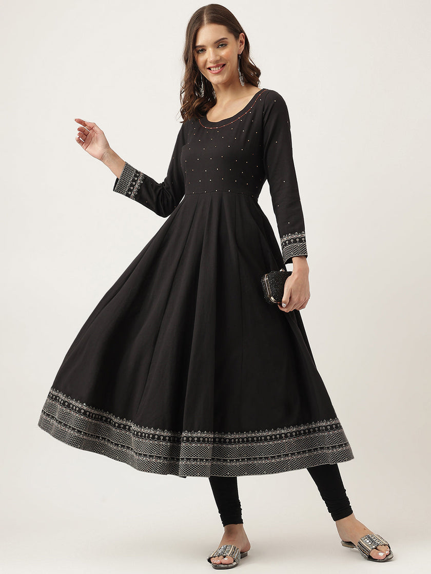 Divena Black Embroidered Cotton Anarkali Kurta