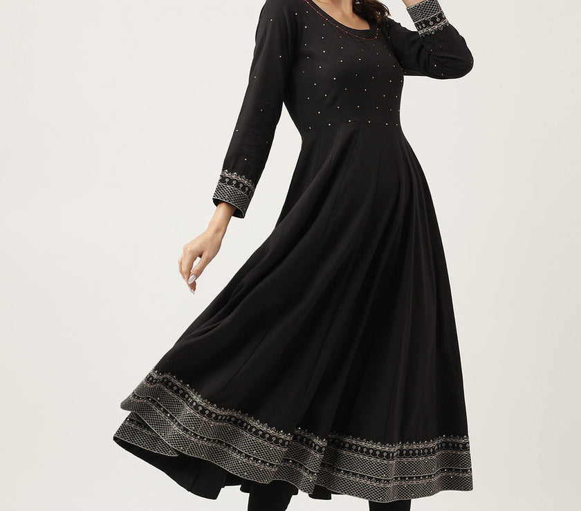 Divena Black Embroidered Cotton Anarkali Kurta