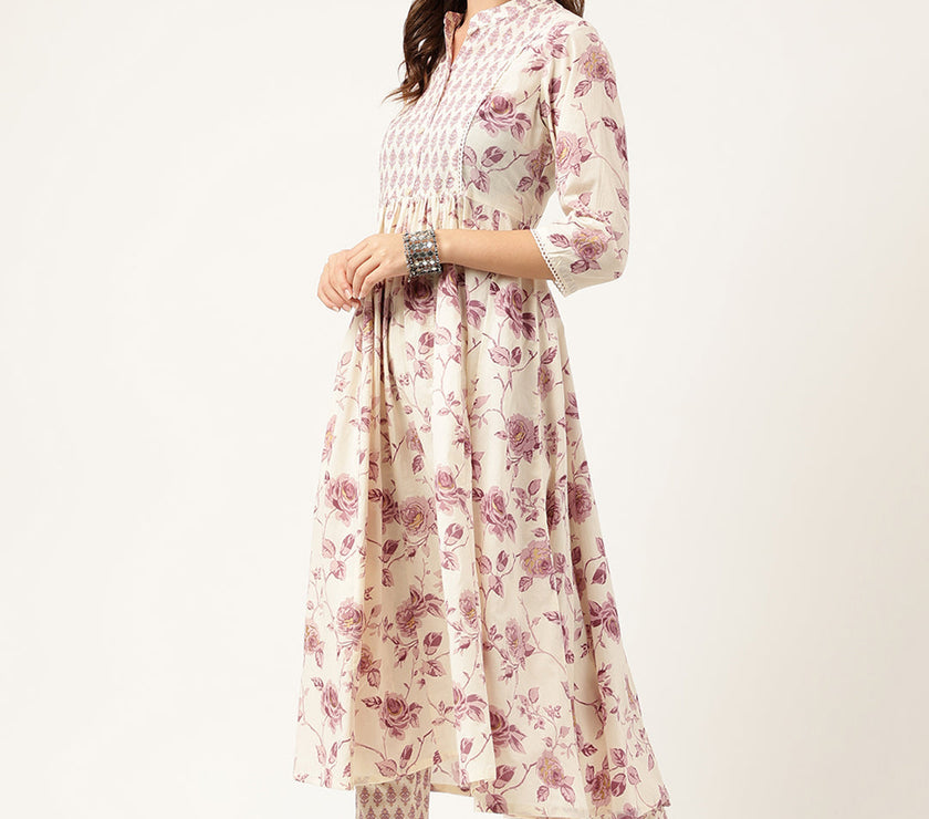 Divena White Purple Floral Cotton Flared kurta with Pant set