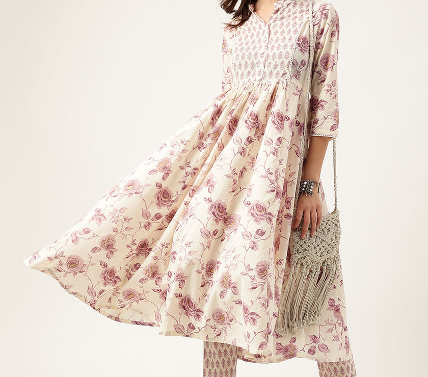 Divena White Purple Floral Cotton Flared kurta with Pant set