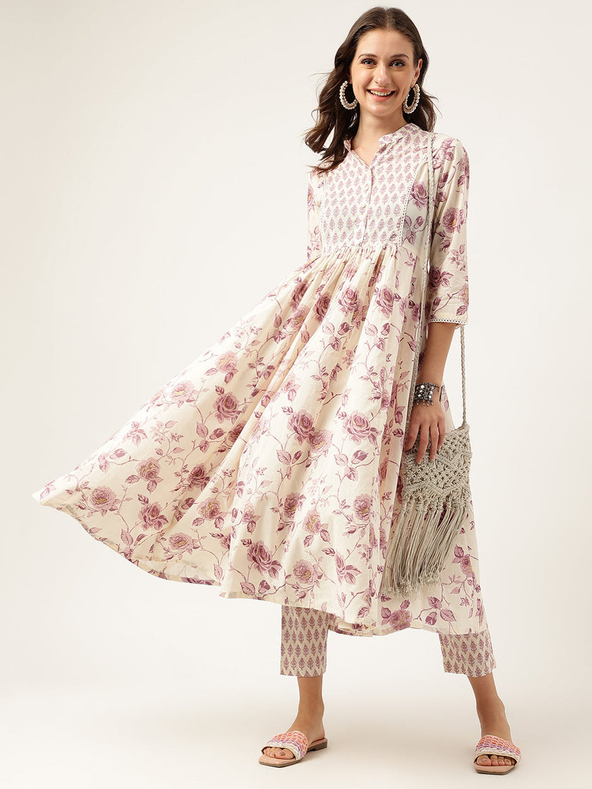 Divena White Purple Floral Cotton Flared kurta with Pant set