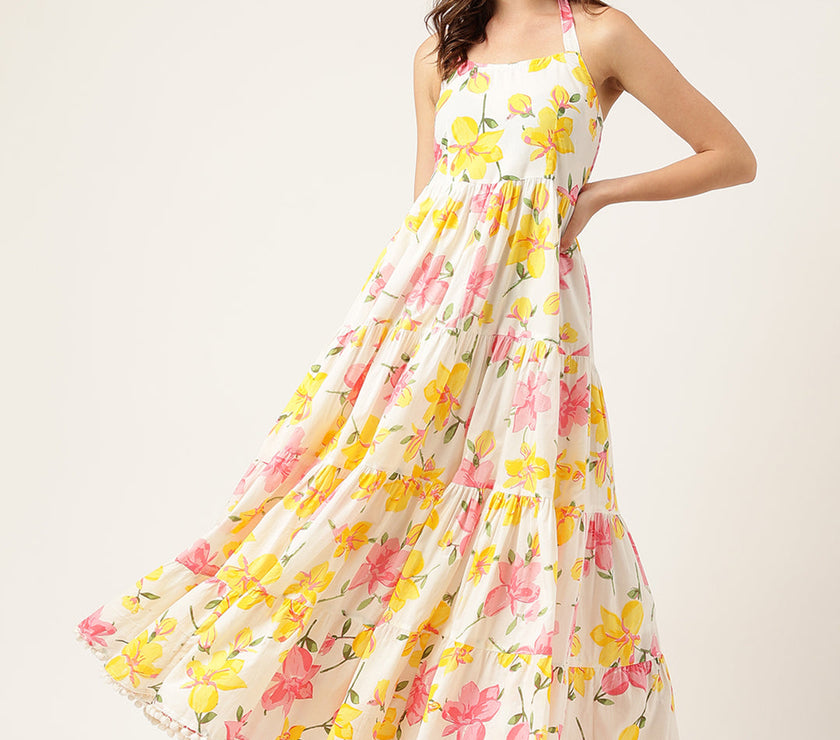 Floral Printed Halter Neck Cotton Casual Maxi Dress