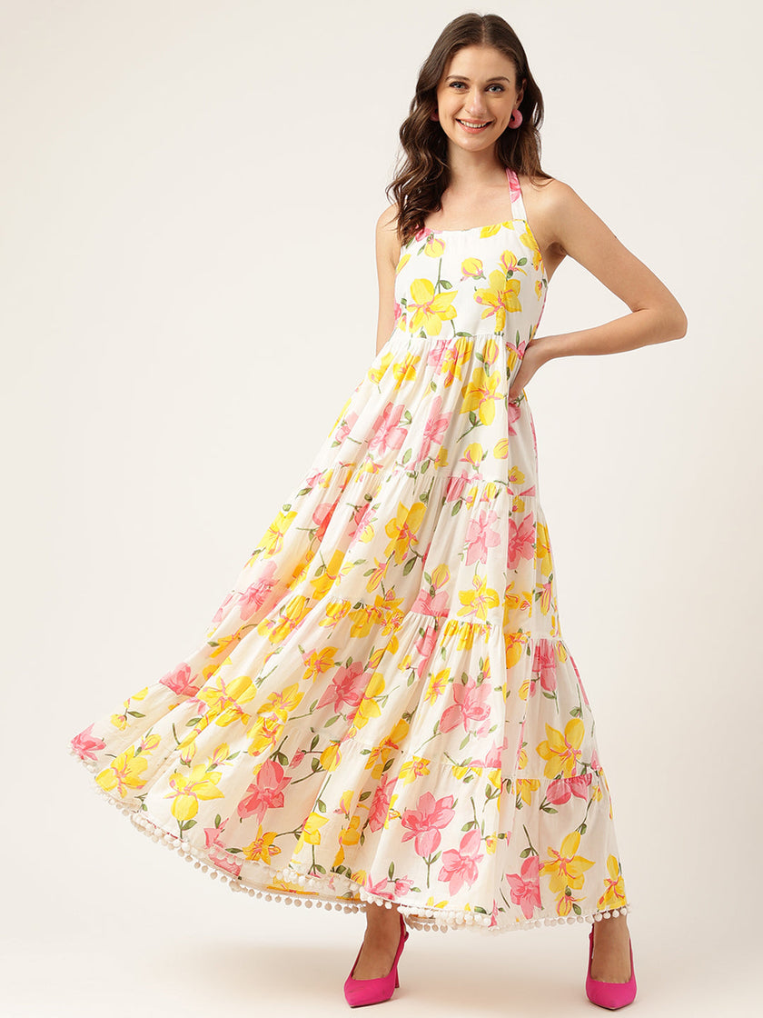 Floral Printed Halter Neck Cotton Casual Maxi Dress